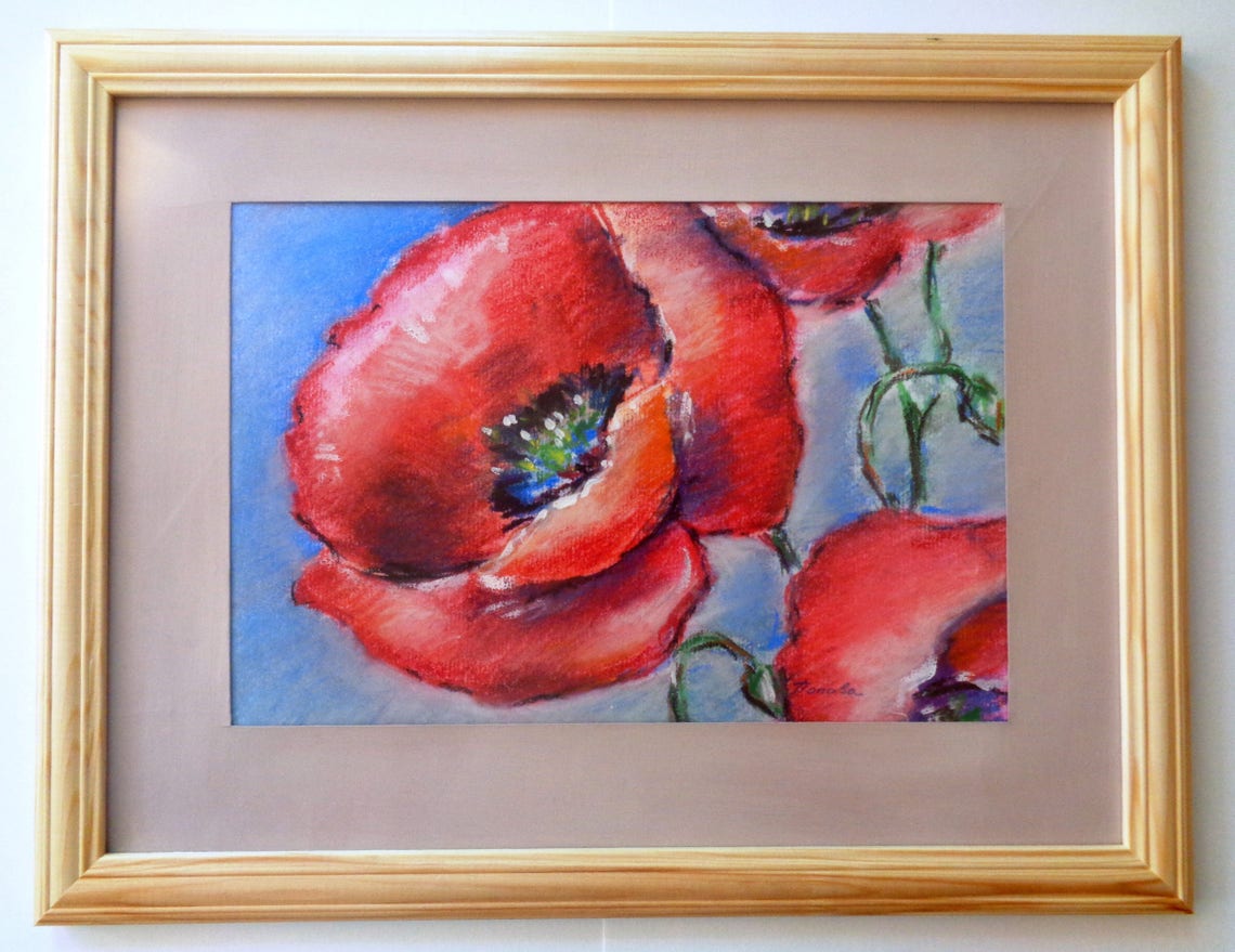 Original Painting Oil Pastel Poppy Flowers Small Art Gift Home Office Decor Etsy UK