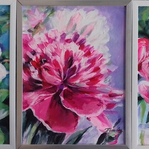 Original Painting Peon Flowers Still Life Miniature Original Small Art Gift Home Decor  3 pcs