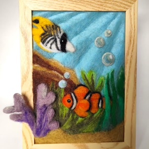 Under the Sea, needle felted seascape, 7X5&quot; framed wool painting, felted wall art