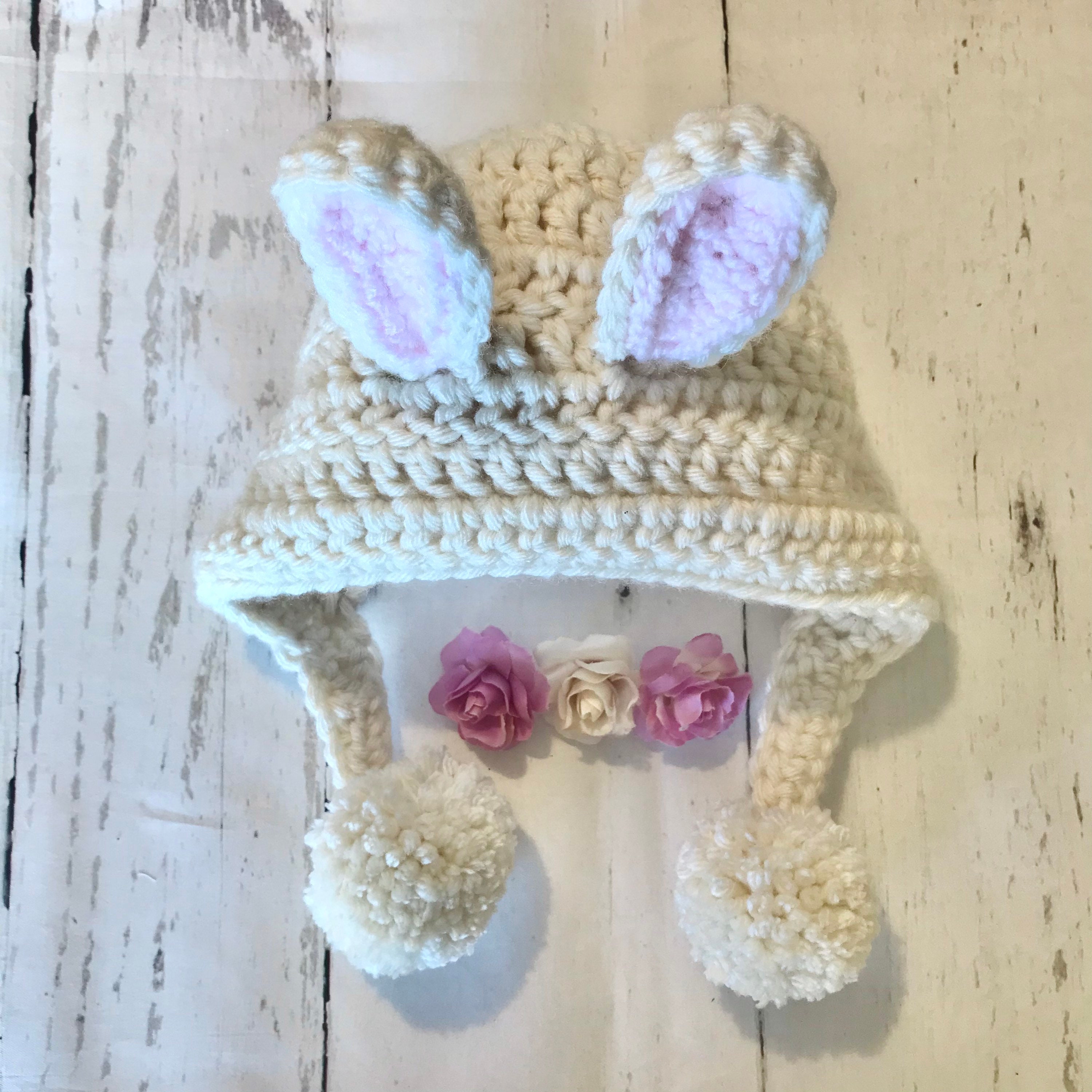 Handmade crochet Easter bunny bonnet with ears and pom poms | Etsy