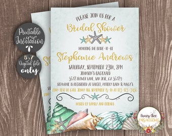 Beach Bridal Shower Invitation Printable - Sea Seashells Starfish Anchor Invite - DIY Digital Invitation 5x7 inches PDF and JPG files