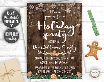 Holiday Party Invitation - Festive Rustic Wood Christmas Party Invite Printable - Snowflake Invitation - Company Party - Office Party Invite