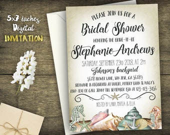 Rustic Ocean Bridal Dusche-Einladung Digital-Seashell & Seahorse Hochzeitsdusche Invite-Vintage Marine Invitation-Beach Bridal Dusche