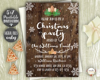 Christmas Party Invitations Printable - Holiday Snowflakes & Pine Cone Winter Invitation - Rustic Antler Invitation - Office/Company Invite