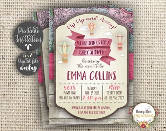 Hot Air Balloon Baby Shower Invitation Girl Printable - Old Map Vintage Invite - Up Up and Away Travel Invitation - Custom Invite 5x7 inches