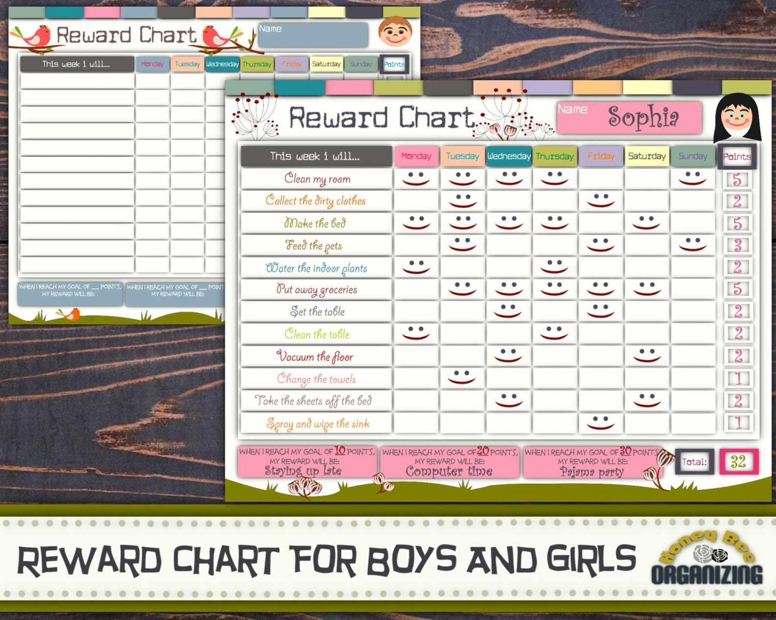 Printable Reward Chart for Girls and Boys 8.5x11'' Editable Kids Reward ...