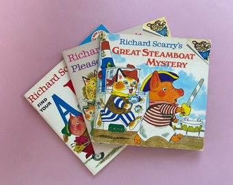 Three Richard Scarry Books ~ Great Steamboat Mystery, Please and Thank You Book & Find Your ABC's ~ Vintage Paperback Children's Books