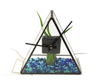 Stained Glass Terrarium Clock - 20cm x 20cm x 7cm - Blue/Green Gravel - Airplant holder - Wedding gift - Anniversary gift - Birthday Present