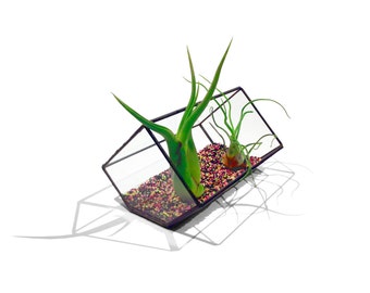 Stained Glass Terrarium - 10cm Extended Cube - Cut-off Edge - Multi Coloured Gravel - Decorative Geometric Planter - Air Plant Holder