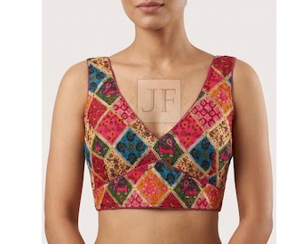 Sabyasachi Style Deep V-Neck Saree Blouse, Multicolor Printed Rayon Designer Crop Top for Women, Casual Party Wear, Event, Dance Performance
