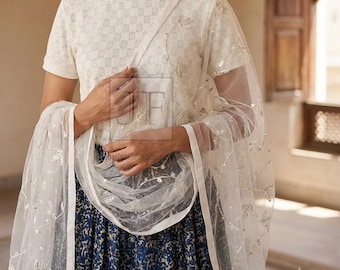 Golden Black White Net Dupatta for Women, Embroidered Festive Wear Ethnic Scarf, Designer Wedding Party Dupatta, Indian Outfit Accessory