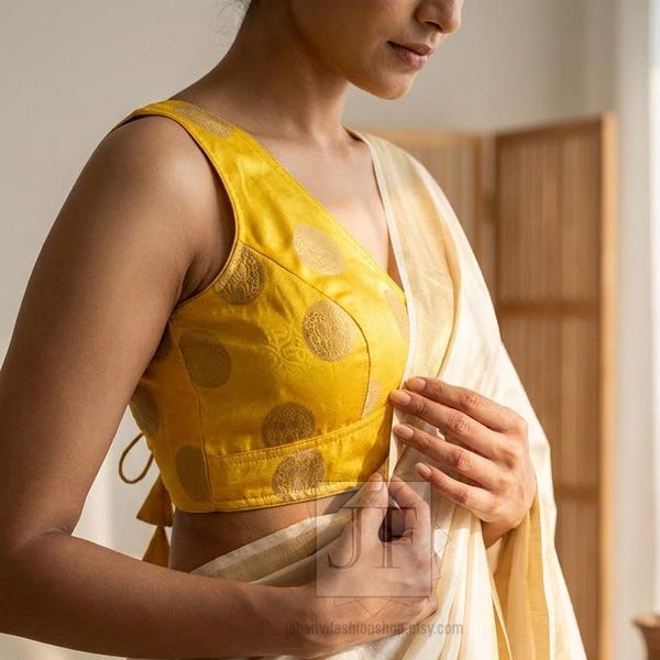 Deep Yellow Chanderi Silk Blouse V-Neck Readymade Designer Sabyasachi Princess Cut, Back Open Padded Bridal Haldi Crop Top For Women USA