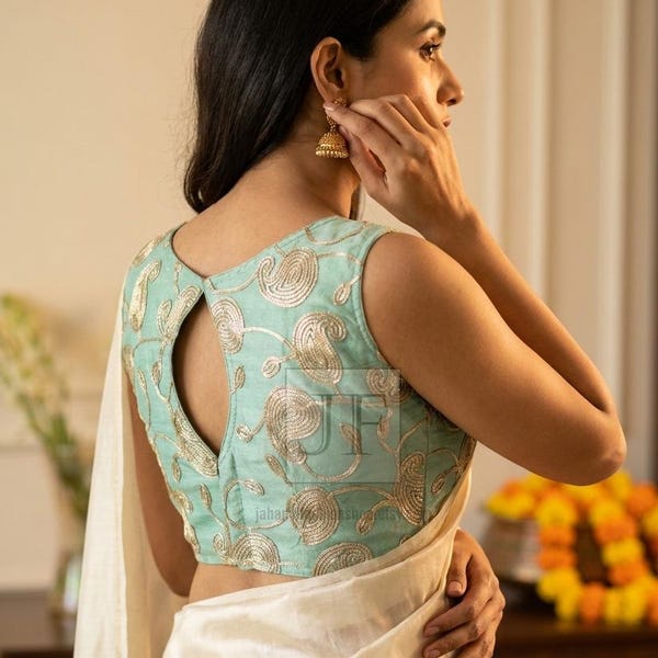 Sea Green Readymade Designer Embroidery Saree Blouse For Women, Boat Neck Bridal & Party Wear Custom Fit Crop Top Indian Silk Sari Blouse