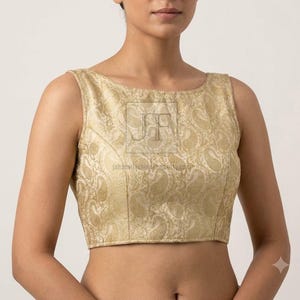 Golden Brocade Saree Blouse for Women, Boat Neck Bridal Sari Top, Princess Cut Designer Readymade Blouse, Back Hook Wedding Ethnic Wear