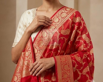 Red Banarasi Silk Dupatta for Women, Bridal Wedding Stole, Traditional Indian Wrap, Designer Ethnic Shawl, Festive Party Wear Gift USA & UK