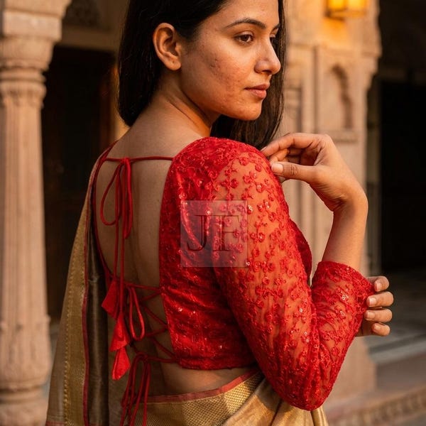 Red Embroidery Sweet Heart Neck Saree Blouse, Designer Backless Tie-Up Bridal Party Wear Crop Top, Made To Order Custom Fit Sari Blouse