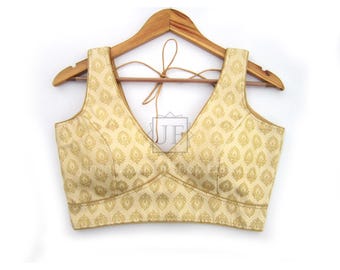 Sabyasachi Brocade Saree Blouse: Golden V-Neck Bridal Lehenga Top
