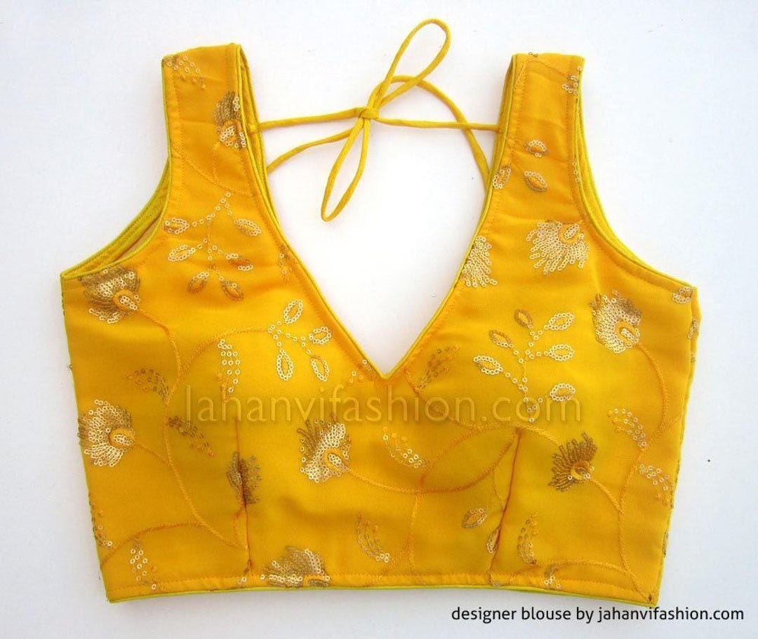 Yellow Embroidery Saree Blouse | V Neck Georgette Saree Blouse | Back ...