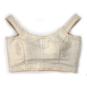 Off Shoulder Golden Brocade Saree Blouse: Light Weight, Back Hook