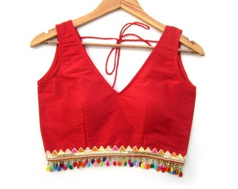 Red Banarasi Dupion Silk Saree Blouse for Women, V-Neck Designer Bridal Blouse, Padded Back Hook, Multicolor Pearl Lace, Party Wear Crop Top