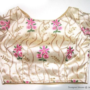 Embroidered Dupion Silk Sari Blouse: Long Sleeves, Modern Crop Top image 1