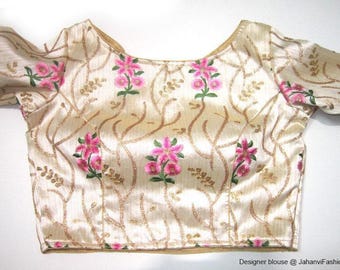 Embroidered Dupion Silk Sari Blouse: Long Sleeves, Modern Crop Top