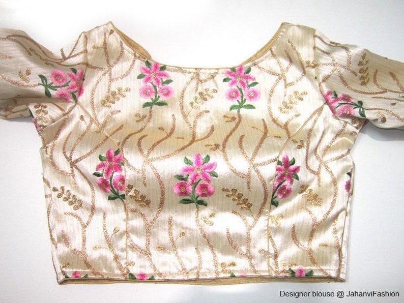 Embroidered Dupion Silk Sari Blouse: Long Sleeves, Modern Crop Top image 1