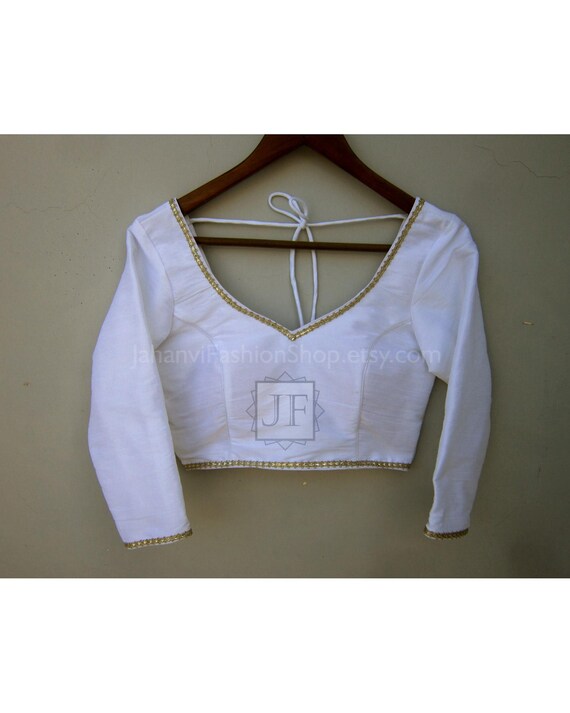 White Saree Blouse: Elegant Designer Top (Custom Sizing Available)