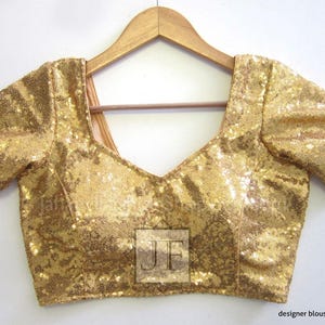 Made To Order Saree Blouse, Glitter Sequins Saree Blouse, Short Sleeve, Gold Sequin Blouse, Stitched Saree Blouse, Bridal Saree Blouse