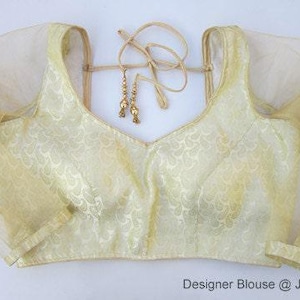 Camicetta sari pronta all&#39;uso, maniche a rete Chanderi 3/4, camicetta sari firmata per donna, camicetta dorata, camicetta indiana, camicetta sari cucita