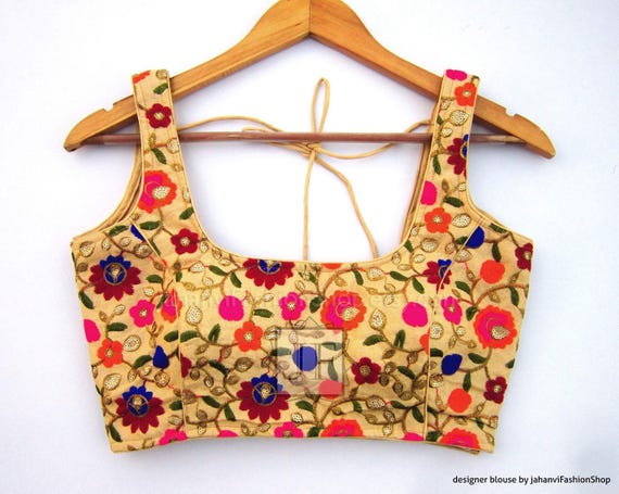 Golden Embroidered Saree Blouse: Wide Round Scoop Neck Partywear Crop Top
