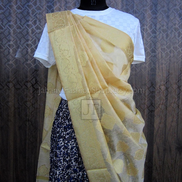 Golden Silk Dupatta for Women, Lightweight Traditional Indian Scarf, Designer Stole, Ethnic Wedding Party Wear Dupatta, Festive Fashion Wrap