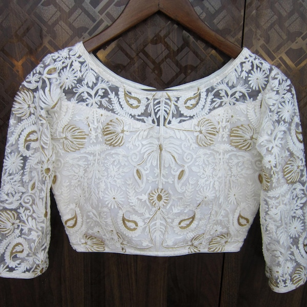 Exclusive White Embroidery Ready-to-wear Saree Blouse Women Sheer Mesh Lace Top 3/4 Net Sleeves, Custom Fit Party Wear Designer Crop Top Usa