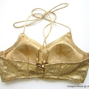 Backless Halter Neck Glitter Sequin Saree Blouse: Indian Golden Sari Top image 2