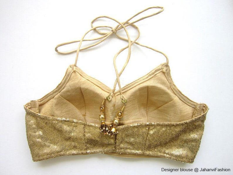 Backless Halter Neck Glitter Sequin Saree Blouse: Indian Golden Sari Top image 2