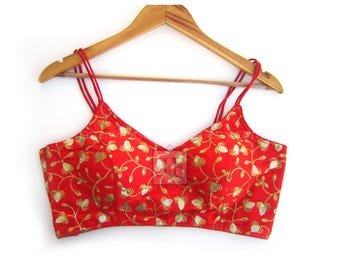 Spaghetti Strap Embroidery Sari Blouse: Partywear Designer Sari Crop Top