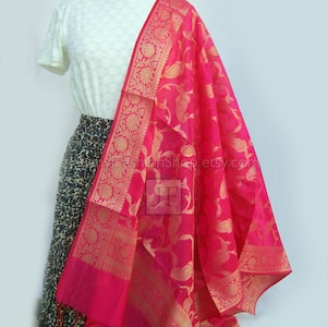Magenta Banarasi Silk Dupatta for Women, Chanderi Stole & Wrap, Floral Pattern Ethnic Scarf, Wedding Party Wear Accessory, Gift for Her