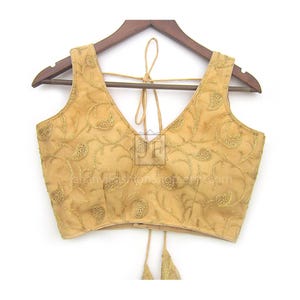 Embroidery Sari Blouse: Golden V Neck - For Bridal Saree, Princess Cut, Padded image 1
