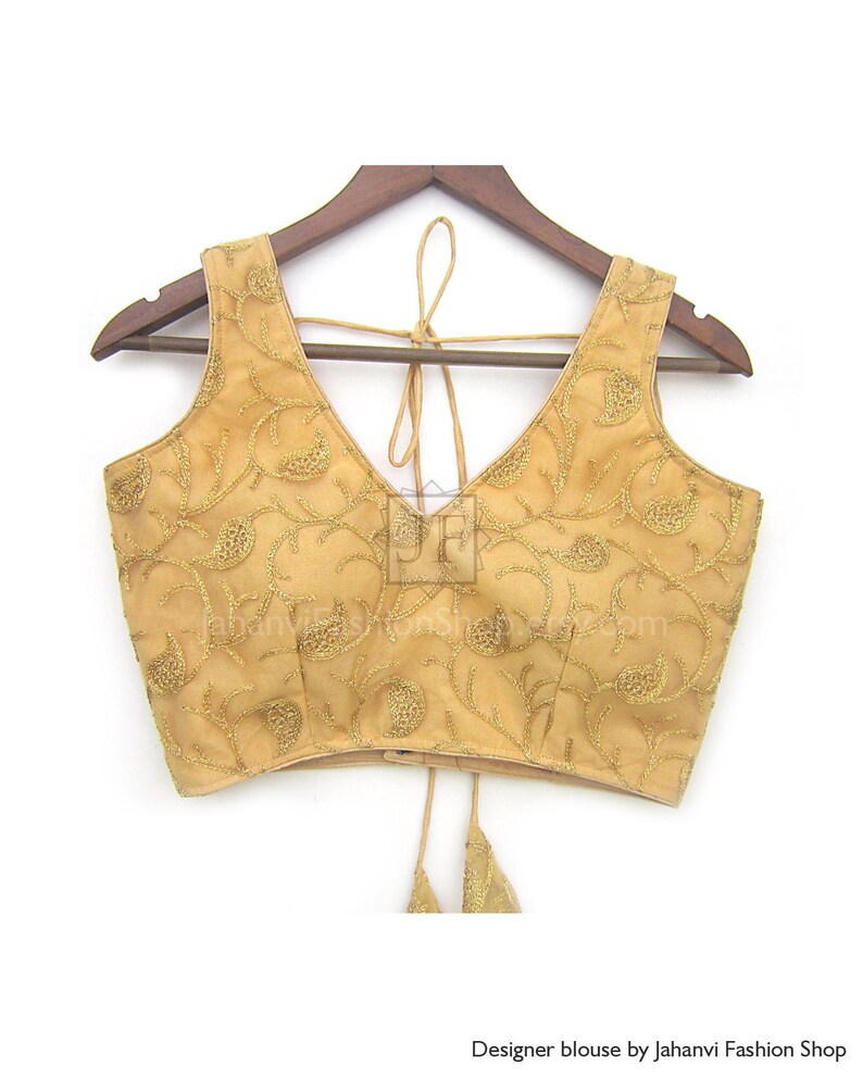 Embroidery Sari Blouse: Golden V Neck - For Bridal Saree, Princess Cut, Padded image 1