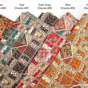 May include: Close-up of five fabric swatches with a patchwork design. The swatches are labeled Golden, Teal, Dark Gray, Red, and Orange Checks. Each swatch features a repeating pattern of squares with floral and paisley motifs.