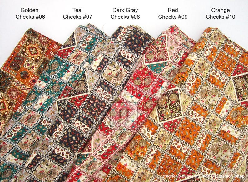 May include: Close-up of five fabric swatches with a patchwork design. The swatches are labeled Golden, Teal, Dark Gray, Red, and Orange Checks. Each swatch features a repeating pattern of squares with floral and paisley motifs.