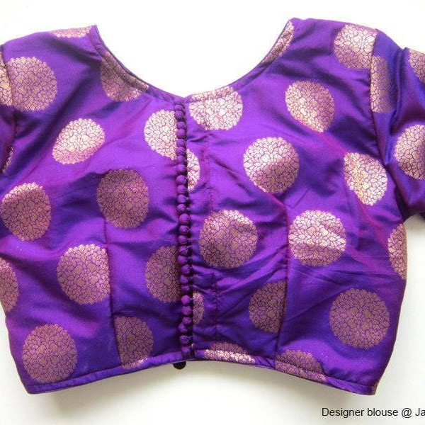 Purple Chanderi Silk Saree Blouse, Boat Neck Padded Designer Readymade Blouse, Custom Made Wedding Sari Top, Back Pouch Button, USA & UK