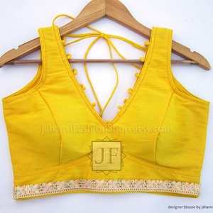 V-neck Made To Order Dupin Silk Saree Blouse with Golden Lace | Indian Bridal Saree Blouse, Sari Blouse Saree Top for Women