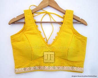 Dupion Silk Saree Blouse: Designer V-Neck Custom Crop Top Golden Lace