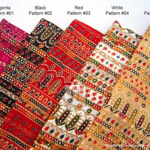 May include: Close-up of five fabric swatches with intricate patterns. Colors include magenta, black, red, white, and beige. Each swatch has a unique design with repeating floral and geometric elements. The text on the image reads "Magenta Pattern #01" to "Beige Pattern #05".