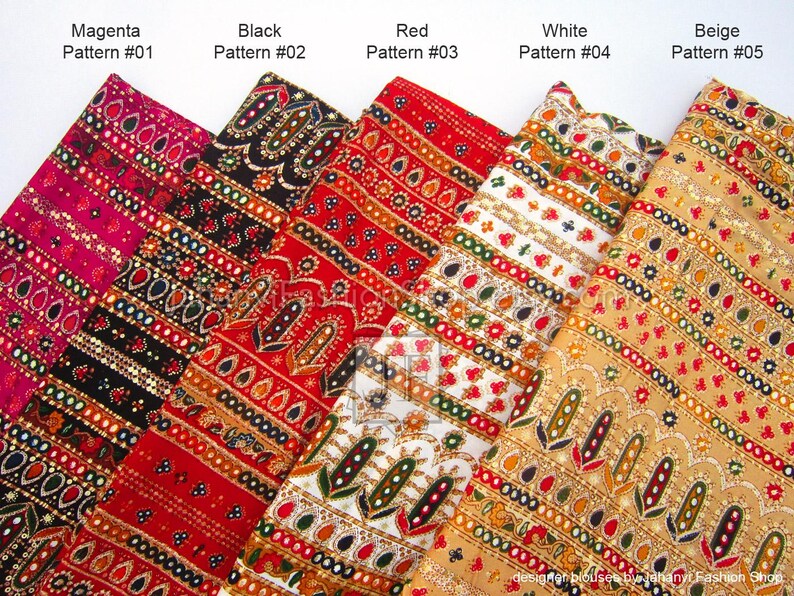 May include: Close-up of five fabric swatches with intricate patterns. Colors include magenta, black, red, white, and beige. Each swatch has a unique design with repeating floral and geometric elements. The text on the image reads "Magenta Pattern #01" to "Beige Pattern #05".