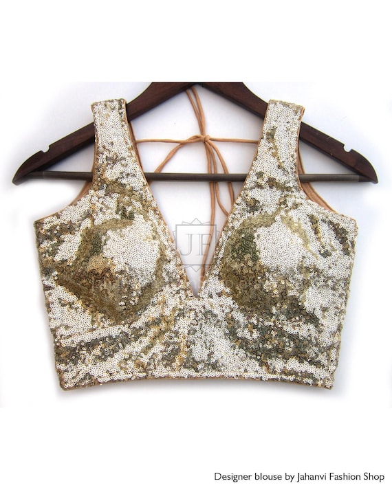 Bridal Gold Sequin Saree Blouse: Sabyasachi Style Readymade Top