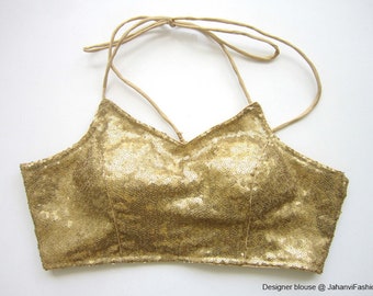 Readymade Saree Blouse, Gold Sequin Backless Halter Neck Party Blouse, Bikini Style, Gold Sequin Blouse, Stitched Saree Blouse