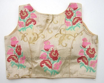 Boat Neck Embroidered Saree Blouse: Sleeveless Crop Top with Back Hook