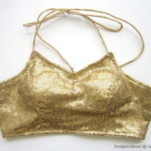 Halter Neck Sequin Saree Blouse: Golden Backless Indian Bollywood Sari Top